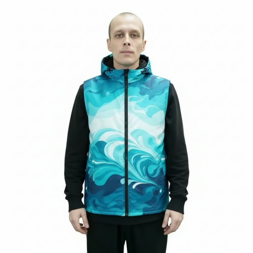 Жилет с капюшоном на подкладе, с полной запечаткой